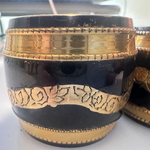 Moody Hollywood Regency Black Enamel Etched Brass Barrel Napkin Rings SET of 8 - Picture 5 of 13